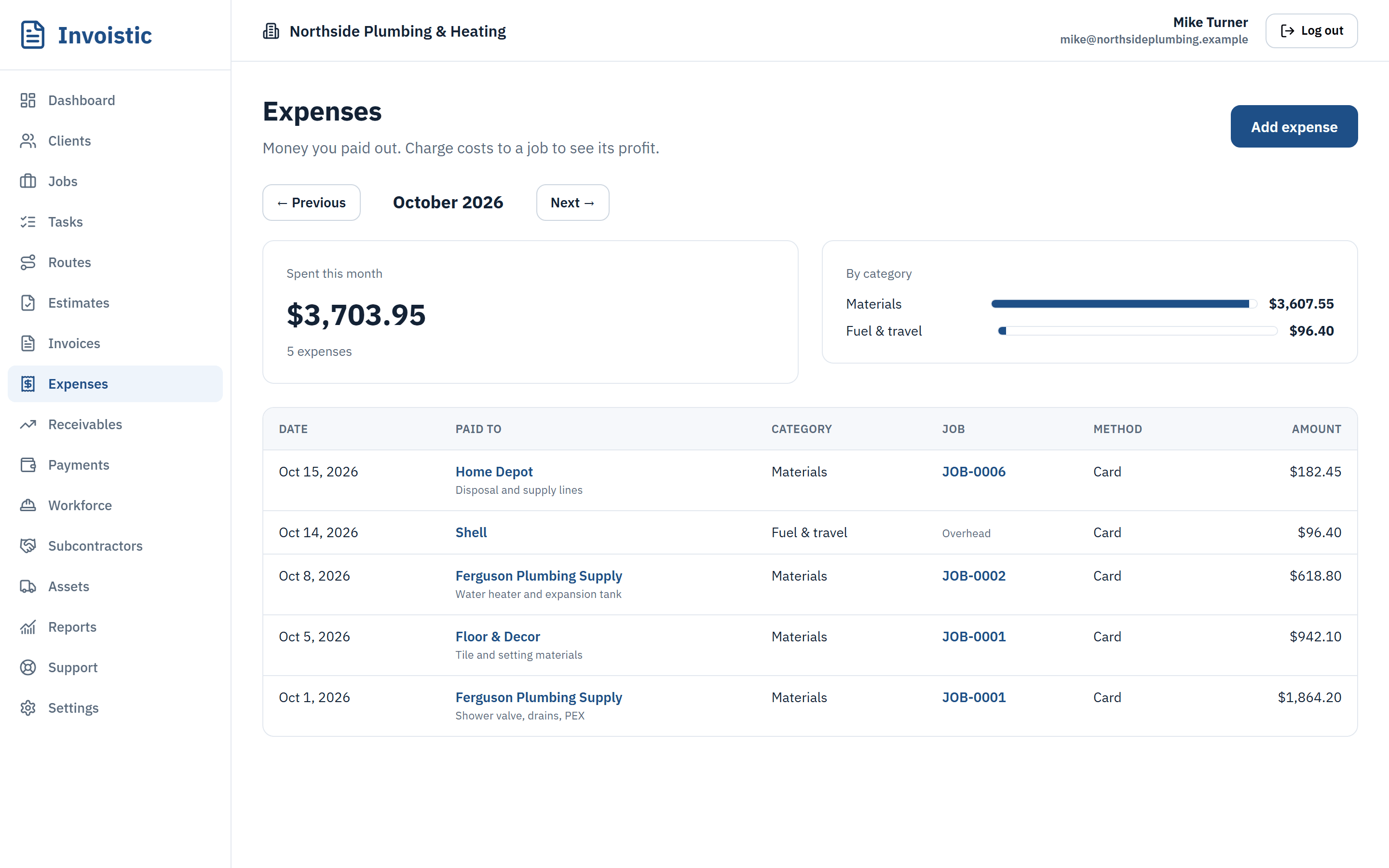 The expenses list in Invoistic, each expense charged to a job