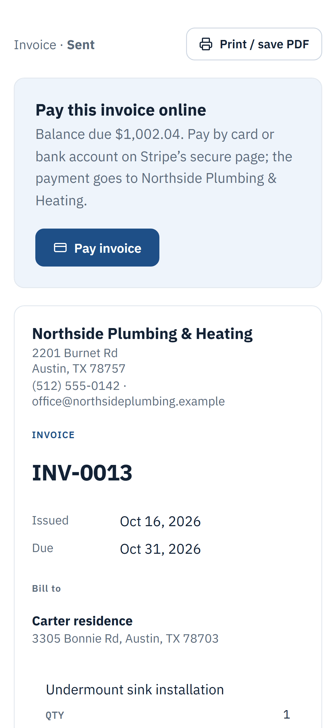 The invoice a client opens on their phone, with a Pay invoice button