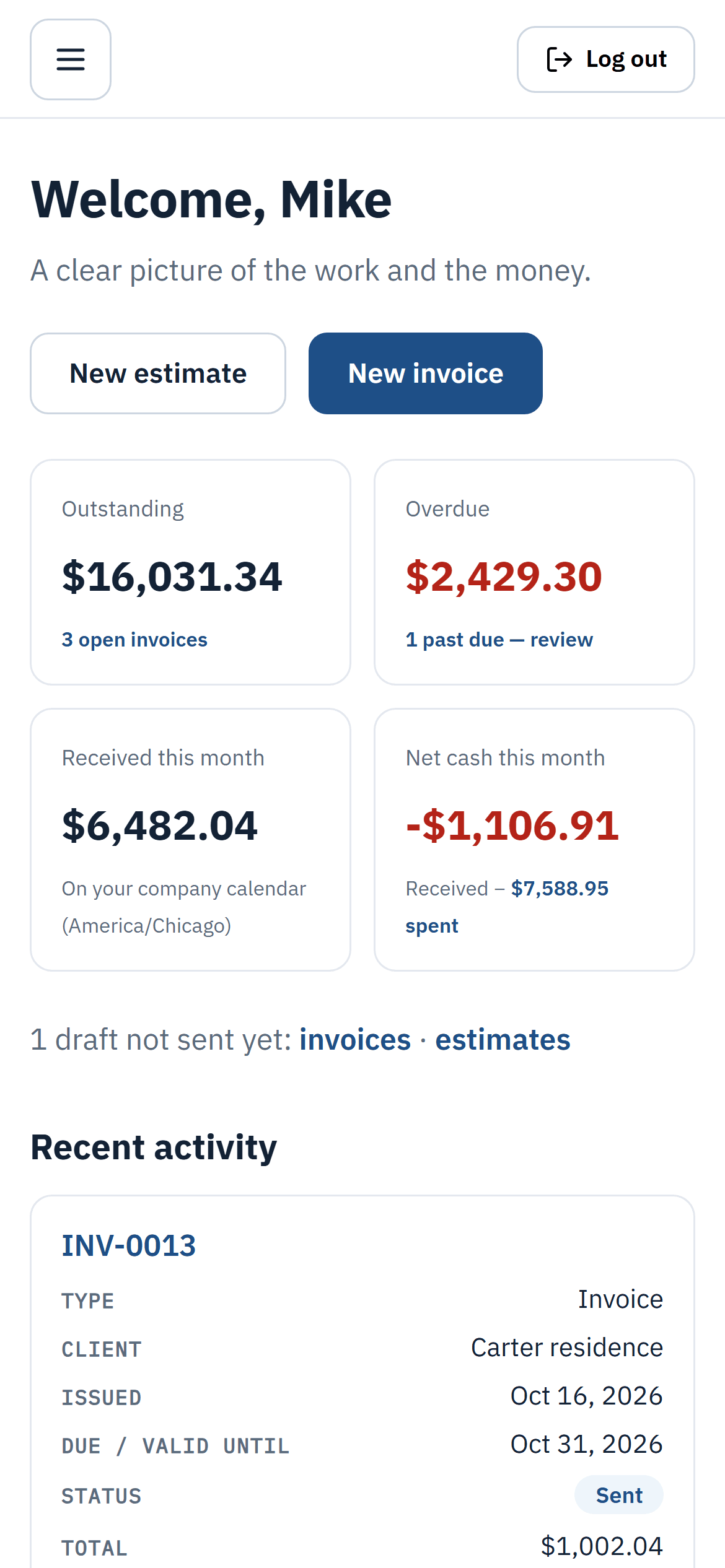 The Invoistic dashboard on a phone