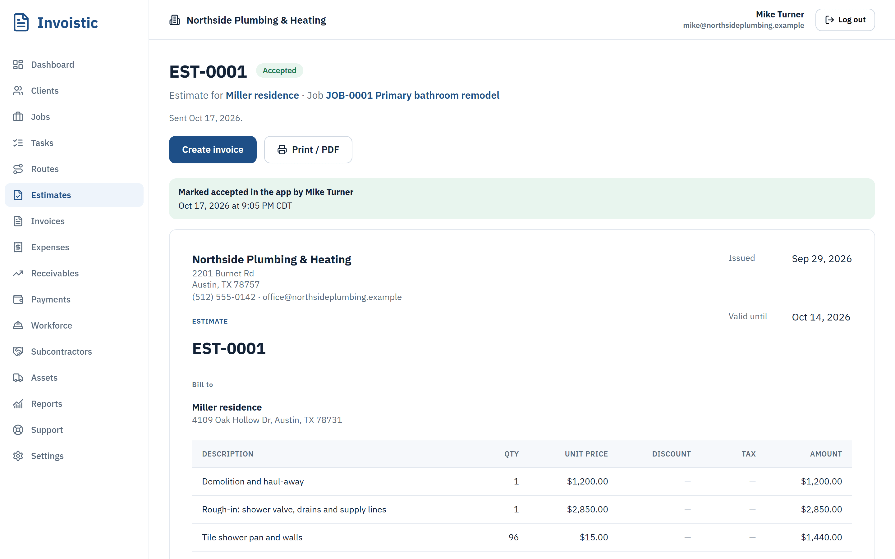 An accepted estimate for a bathroom remodel in Invoistic
