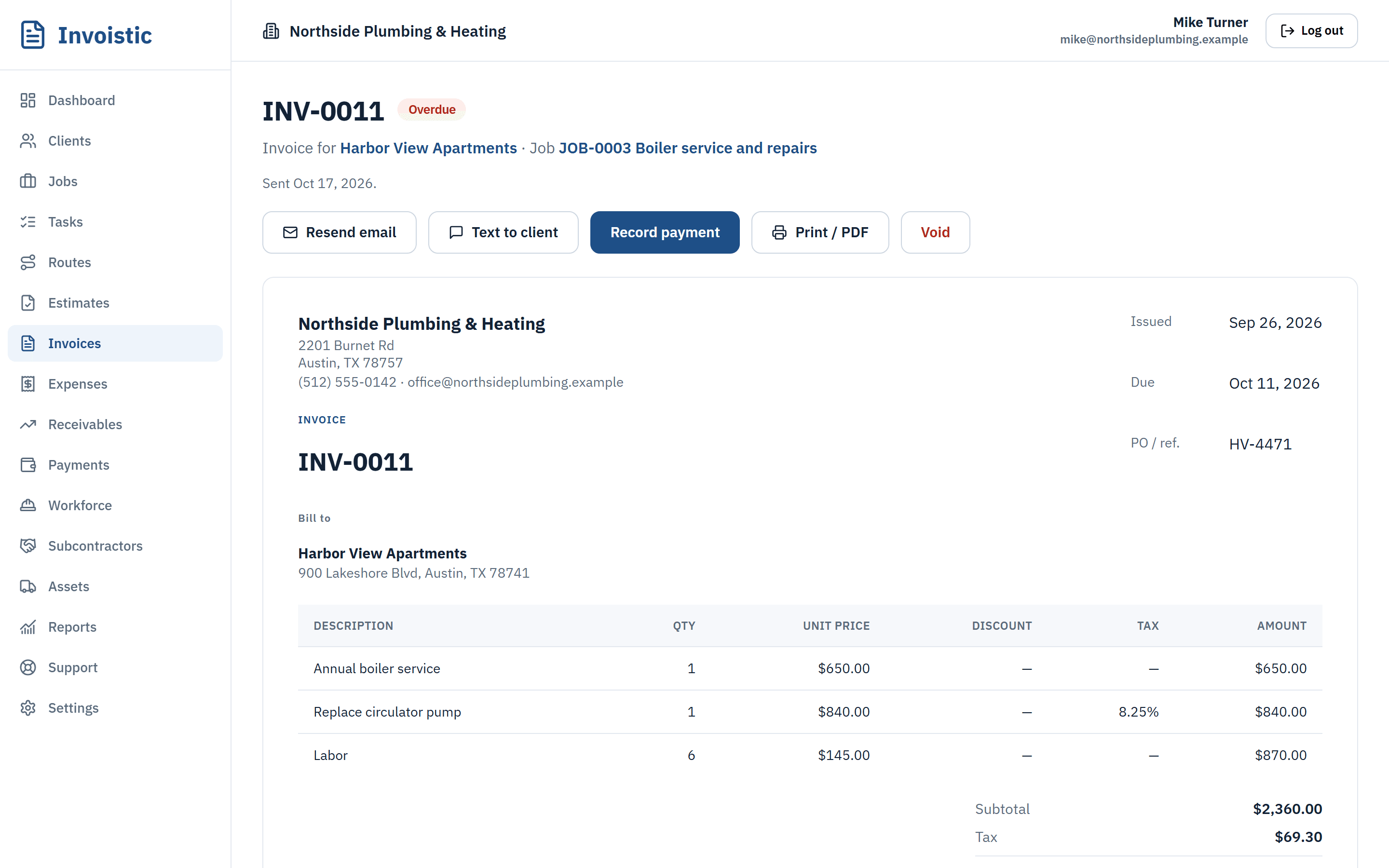 An overdue invoice in Invoistic with Text to client, Record payment and Print buttons