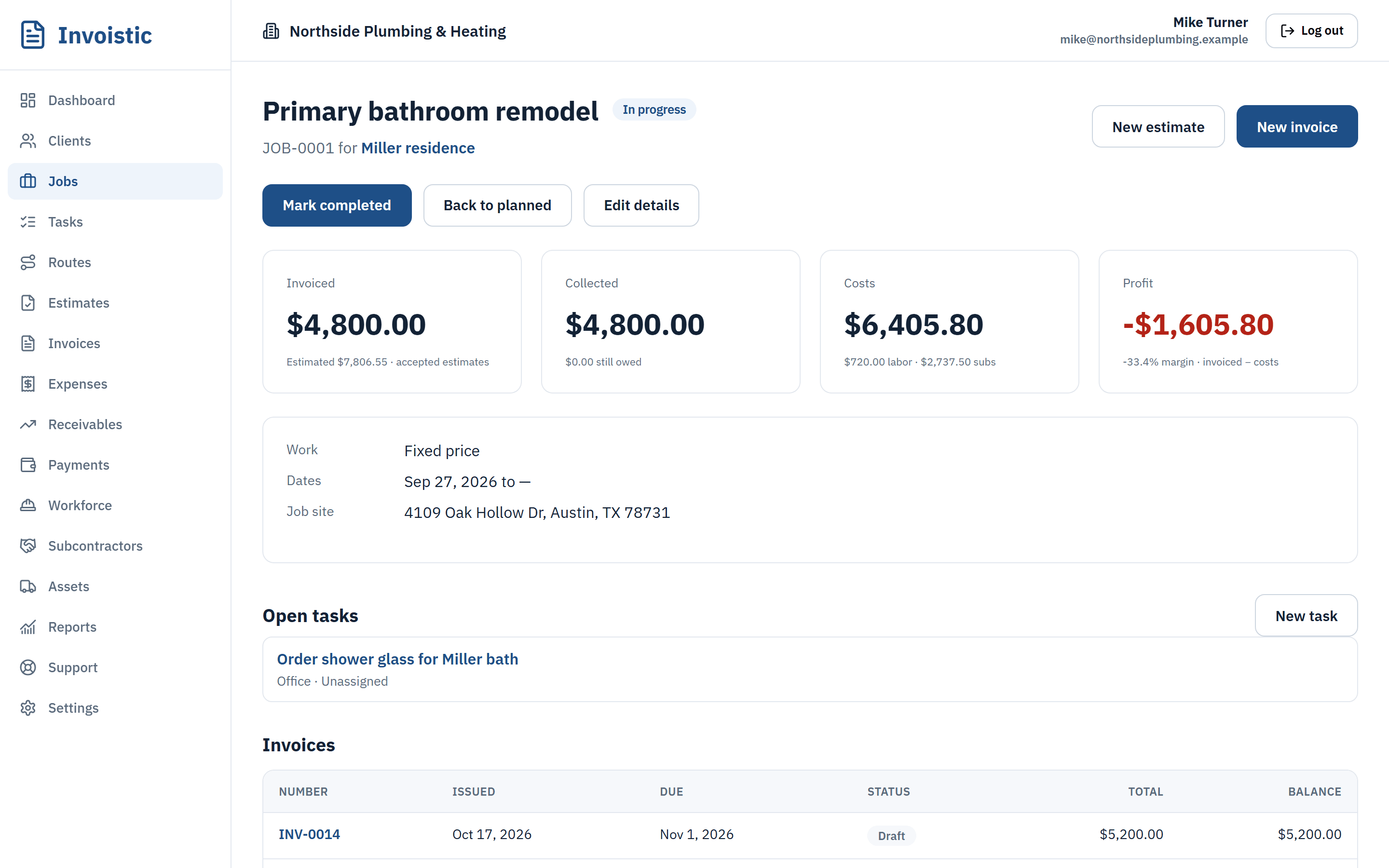 A job in Invoistic showing invoiced, collected, costs and profit