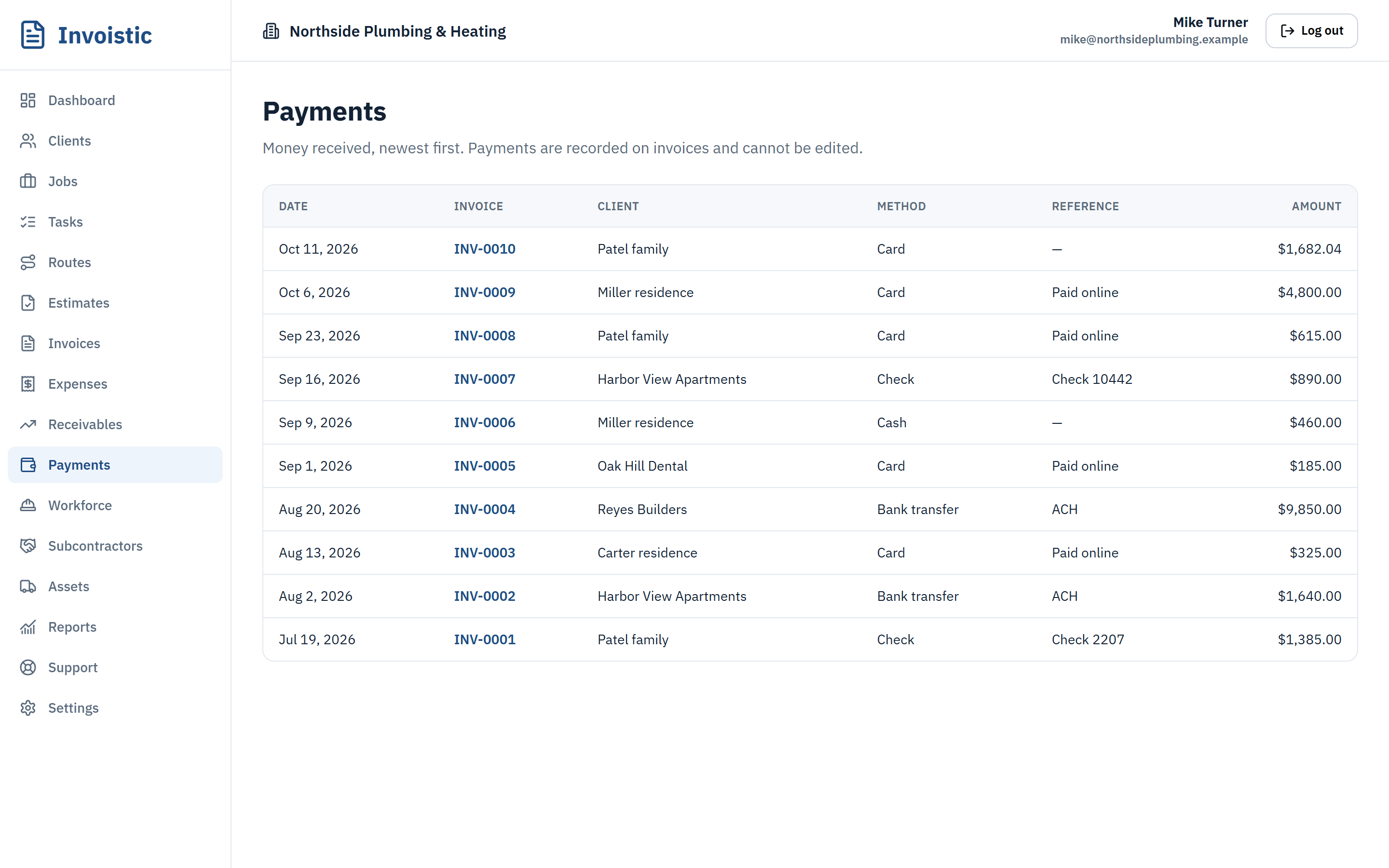 Payments received in Invoistic by card, bank transfer, check and cash