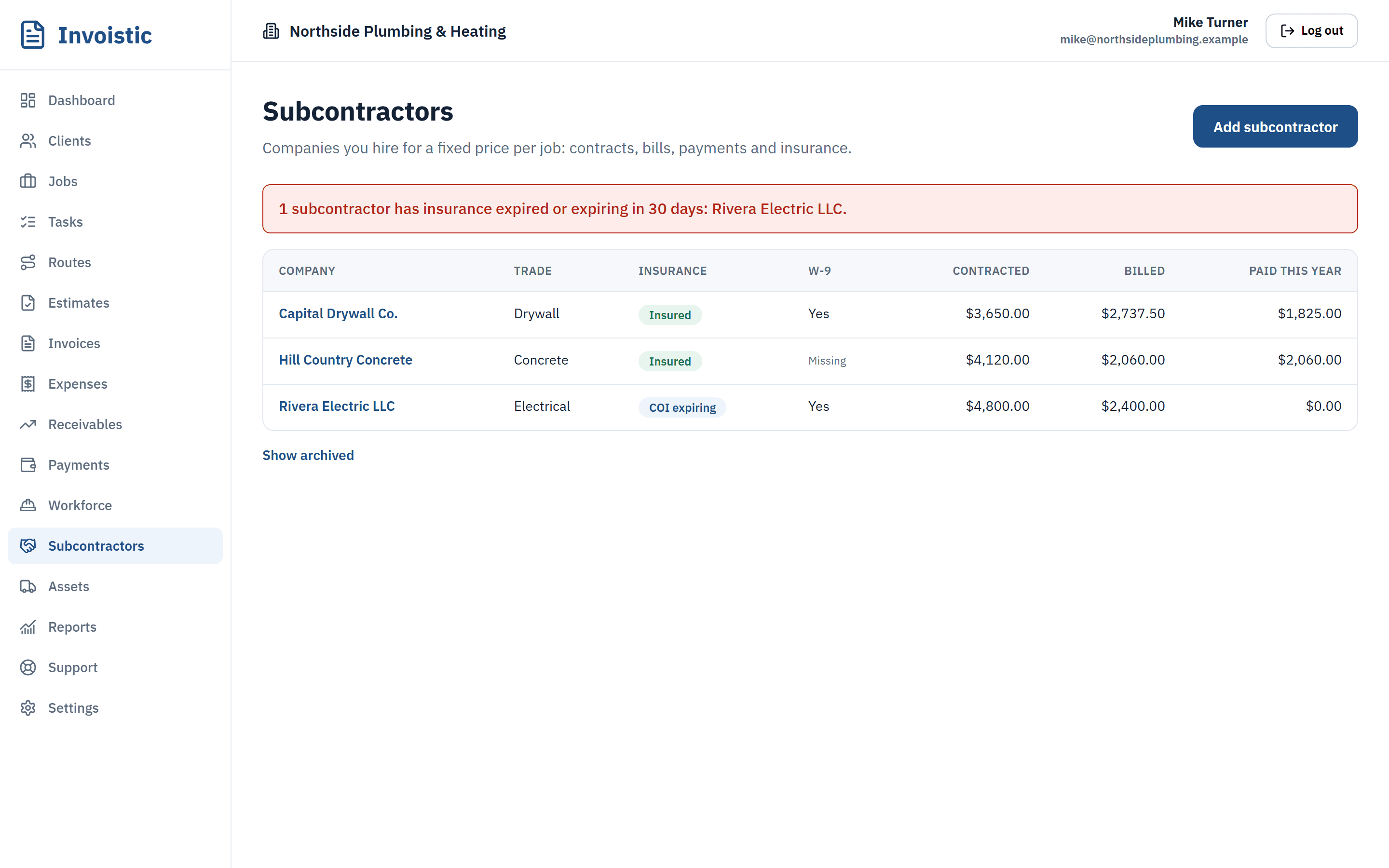 Subcontractors in Invoistic with insurance status, W-9 and amounts contracted, billed and paid