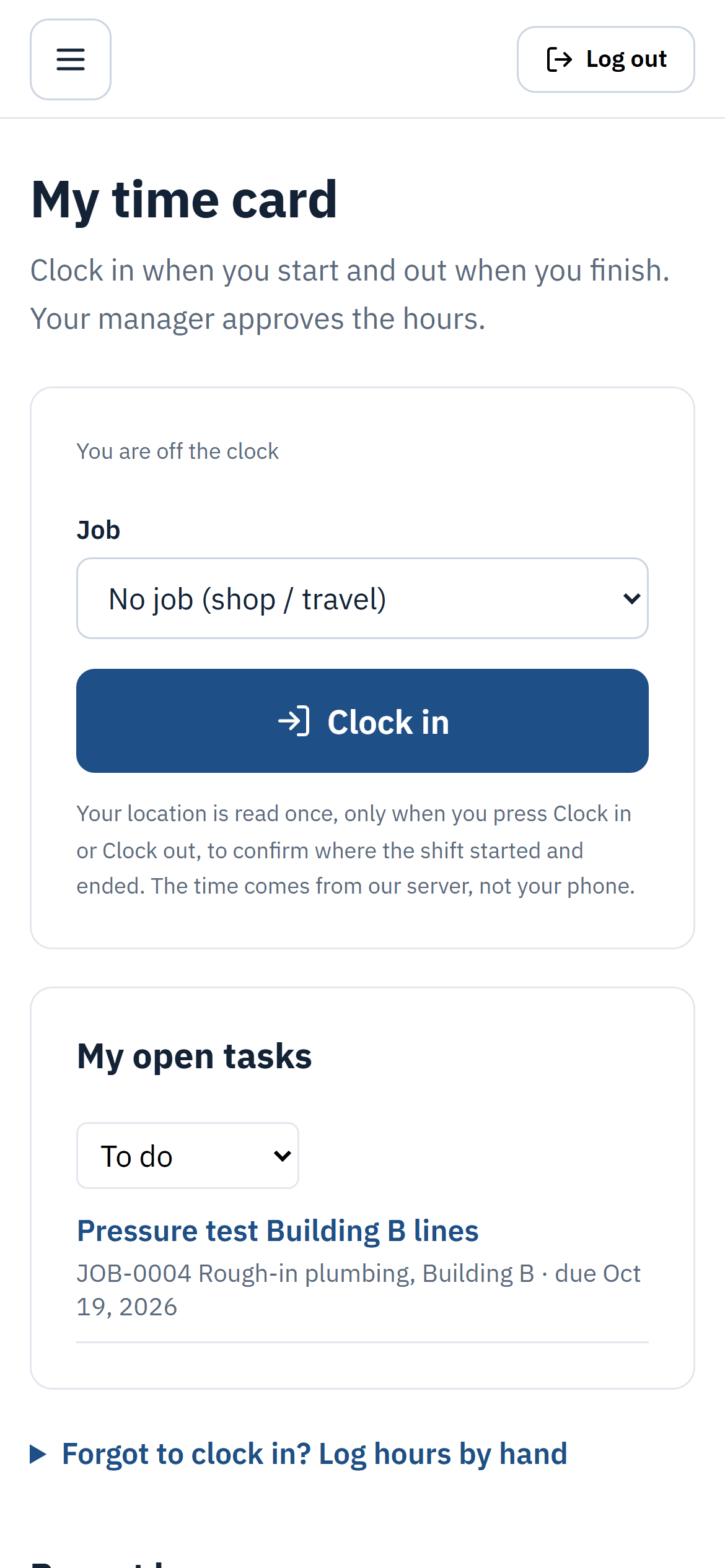 A crew member’s time card on a phone with a Clock in button